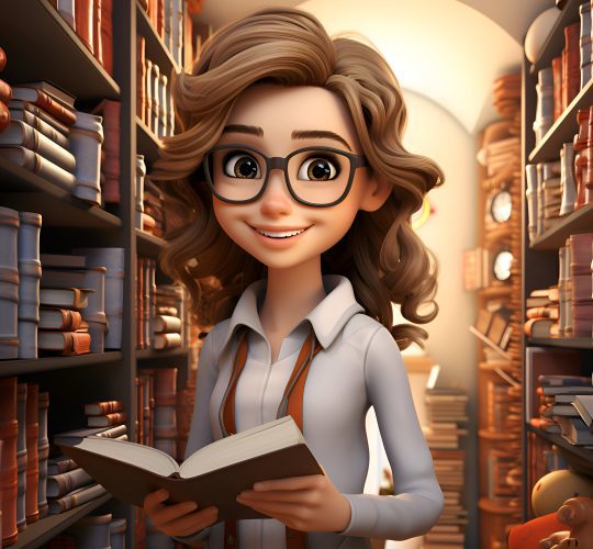 3d illustration cute cartoon girl reading book library
