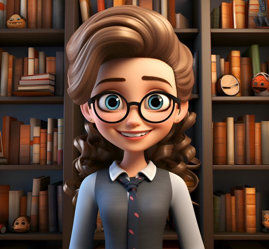 3d illustration girl library with bookshelves 1