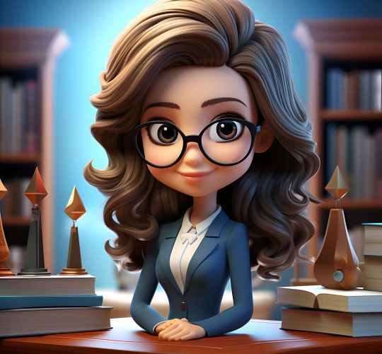 cute cartoon businesswoman sitting her desk with lot books