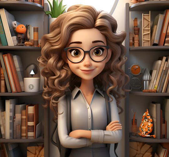girl library with bookshelves books 3d illustration